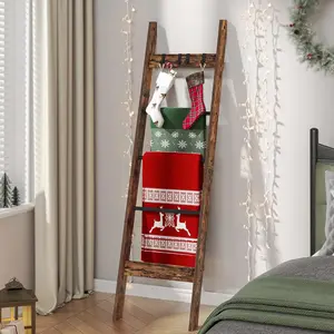 Blanket Ladder  Living Room, Decorative Quilt Rack with 4 Removable Hooks, 5-Tier Farmhouse Ladder Holder Shelf Organizer  Bedroom, Rustic Brown and Black