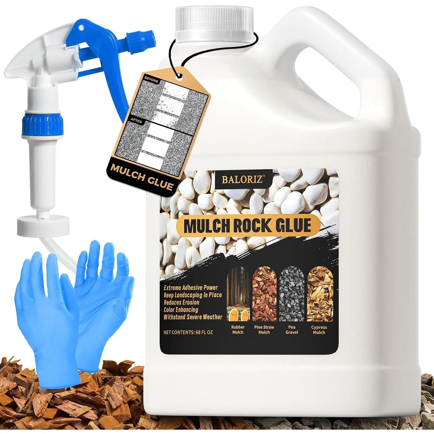 Mulch Glue - 68oz Rock Glue & Gravel Binder for Landscaping, Gravel Glue with Sprayer for Landscaping, Pea Gravel & Bark, Stabilizer & Stone Glue