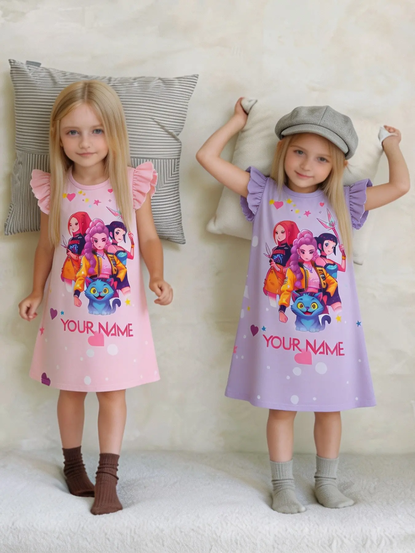 2-piece Kids Pink & Purple K-POP Magic Girl English Heart Star Print Print Cartoon Print Sleepwear Soft Comfort Round Neck Muff Sleeve Home Daily Casual Children's Pajama Set