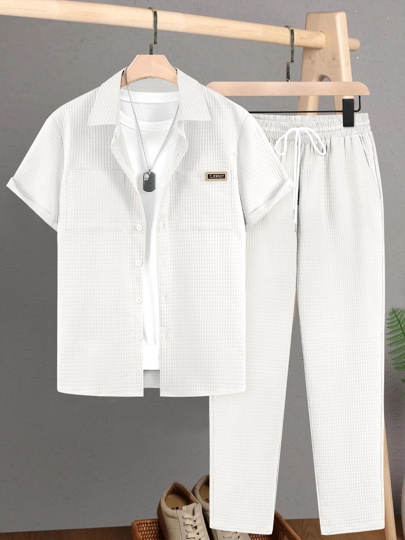 Men's Solid Button Front Shirt & Drawstring Waist Pants Set without Inner Top, Regular Fit Casual Short Sleeve Collared Top & Pocket Trousers, Men's Summer Clothes, Matching Clothing Set