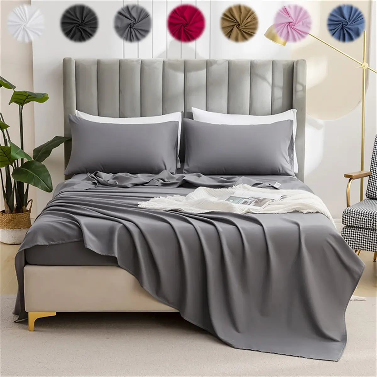 3/4PCS Solid Color Brushed Bedding Set, Soft Cooling Fitted Sheet Mattress Cover, Flat Sheet & Pillowcases, Breathable Dustproof Bed Set for Bedroom Dorm Hotel