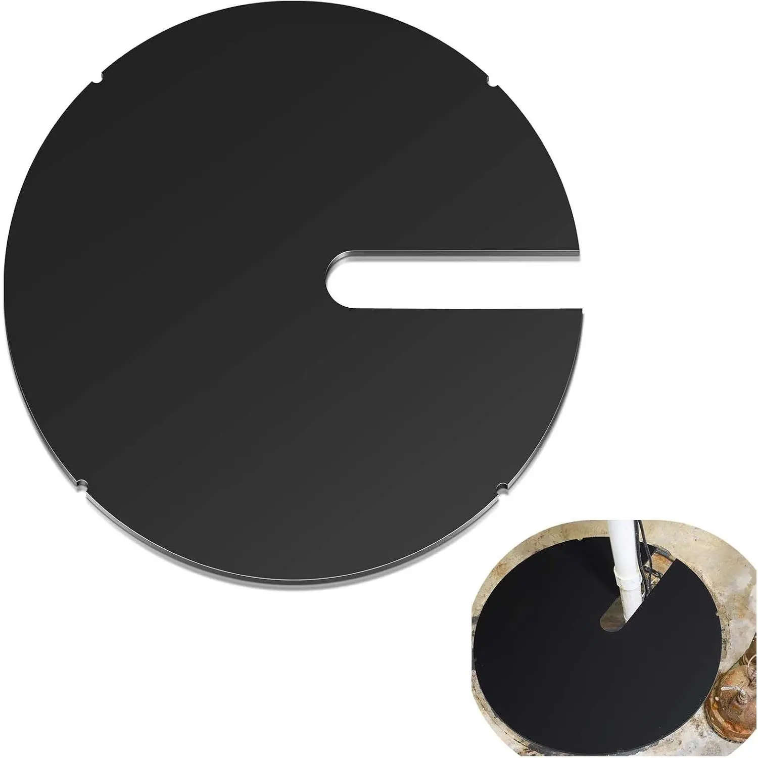 17.71 in Plastic Submersible Sump Pump Cover with Side Notch, Black Circular Lid with Round Holes for Water Pump Basin, Septic Tank Bucket, Outdoor Well