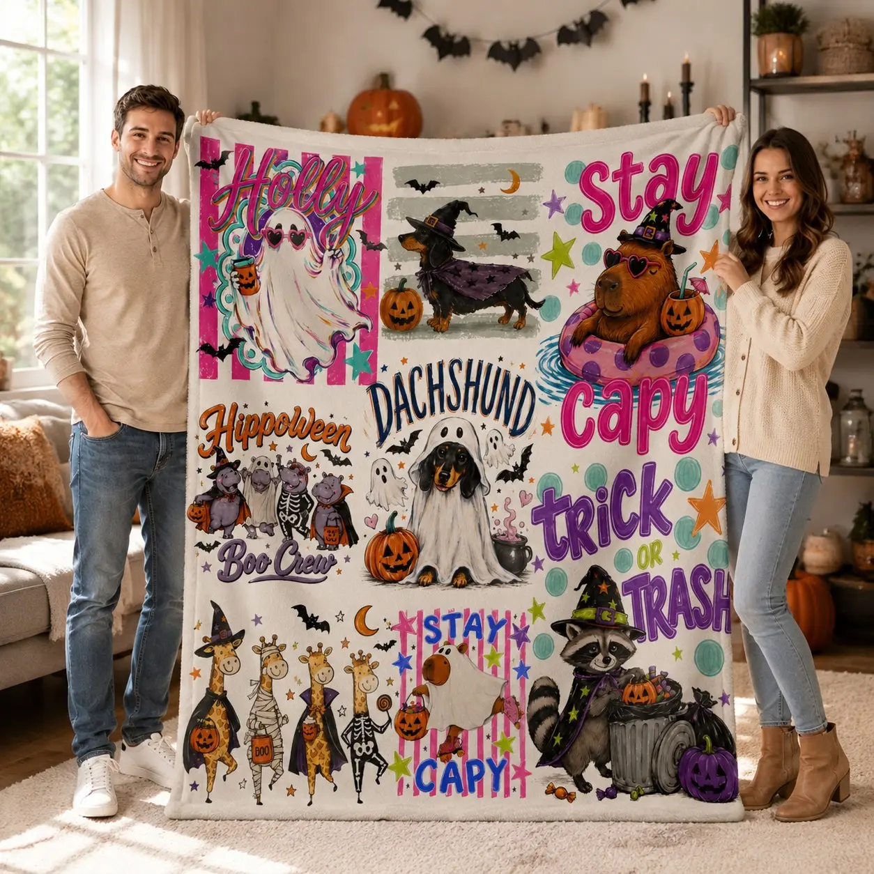 1Pc Cute Halloween Animal Collage Flannel Fleece Blanket, Ghost Dachshund Capybara Hippo Giraffe Raccoon Pumpkin Graphic Throw Blanket, Ultra Soft Machine Washable 4 Season Bed Sofa Nap Blanket for Bedroom Living Room Home Decor Animal Lover Gift