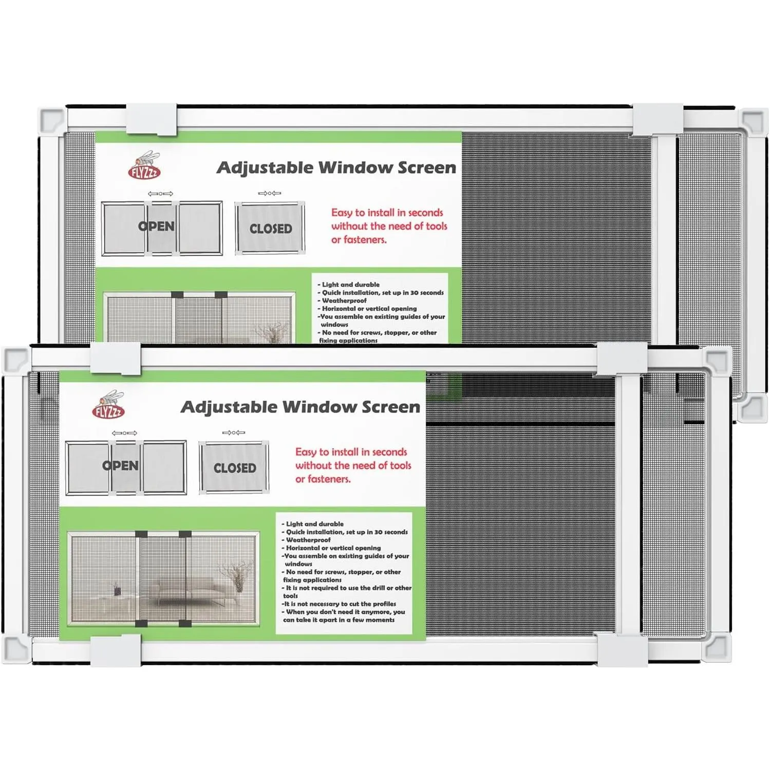 Adjustable Window Screen for Hung Windows, White Expandable Horizontal Sliding Screen, 10" H x 19-36" W with Black Fiberglass Mesh Removable Window Screen Replacement, 2-Pack