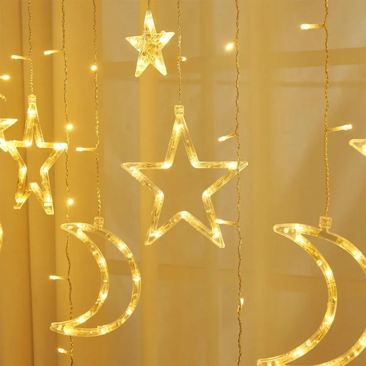 1set LED Star Moon Curtain Fairy Lights,Warm White Hanging Window Lights for Bedroom Ramadan Christmas Wedding Party Home Decor