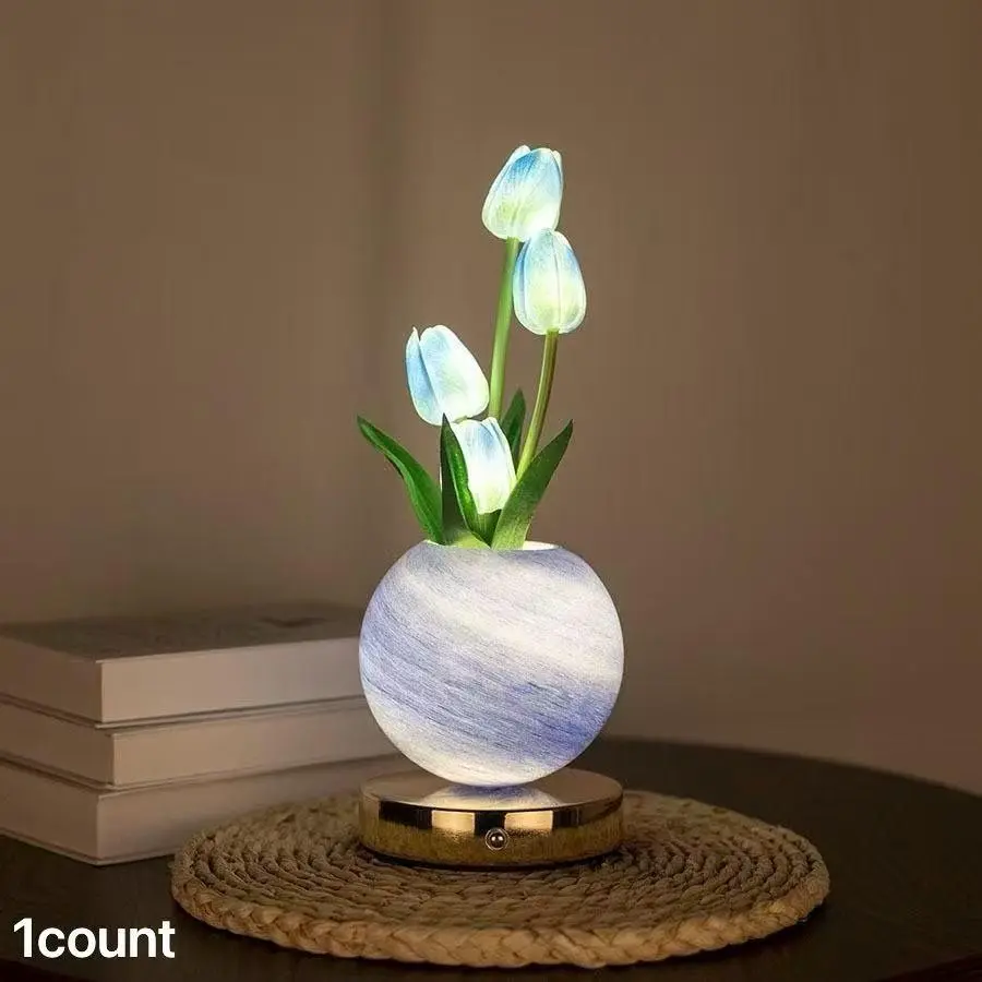 LED Tulip Planet Night Light, USB Rechargeable, Three-Tone Dimmable, Bedroom Bedside Ambiance Lamp, Decorative Desktop Ornament