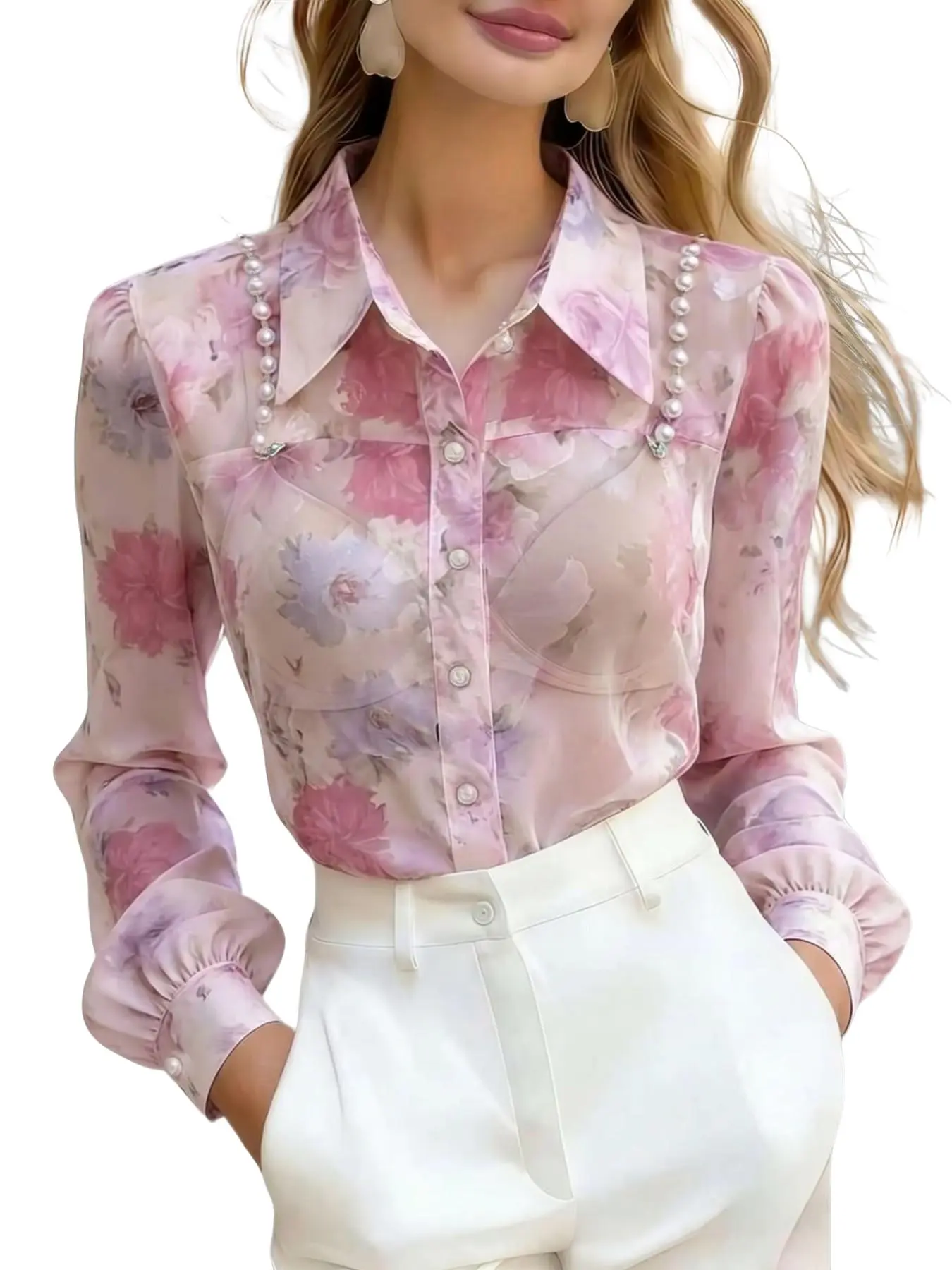 Women's Long Sleeve Ditsy Floral Elegant Collared Shirt, Pearl Necklace Accent, Breathable Fabric, Office, Vacation, Home, Date, Festival Wear