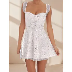 Women Slip Dress, Sleeveless Backless Tie-up Shiny Sequins A-line Dress Summer Mini Dress
