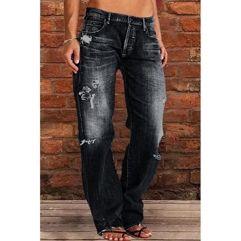 Women's Ripped Jeans Mid Rise Straight Leg Denim Jean Plus Size Boyfriend Jeans Baggy Flare Pants 90s Hippie Clothes