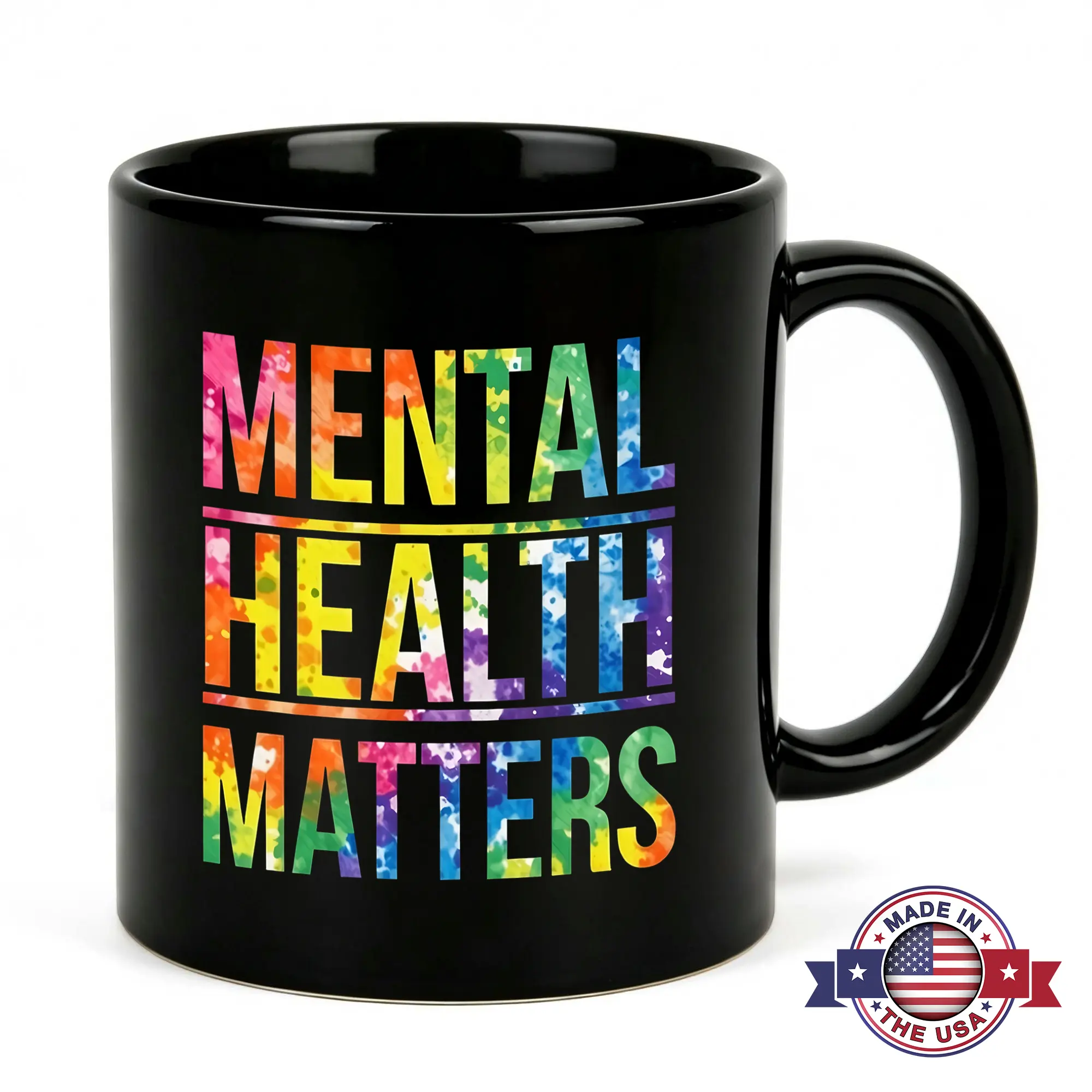 11oz Black Ceramic Modern Heat Resistant Mental Health Matters Mug - Rainbow Watercolor Single Mug, Self Care Gift for Therapists, Anxiety Depression Awareness Desk Decor Kitchen Drinkware
