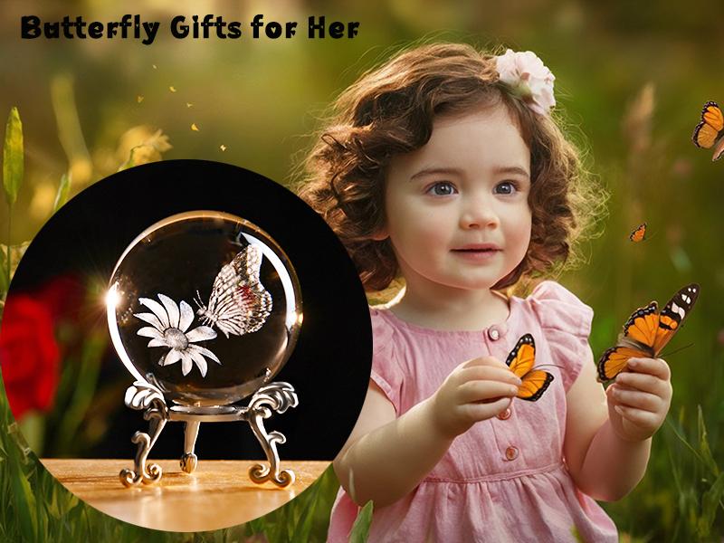 3D Butterfly Crystal Ball 60mm Gifts Ideas for Girlfriend Wife Mom Couple Her Butterfly on Sunflower in Glass Ball with Stand Butterfly Sphere Novelty Home Decor Ornaments Interior Decoration Accessories Modern Home Decoration Art Figurine