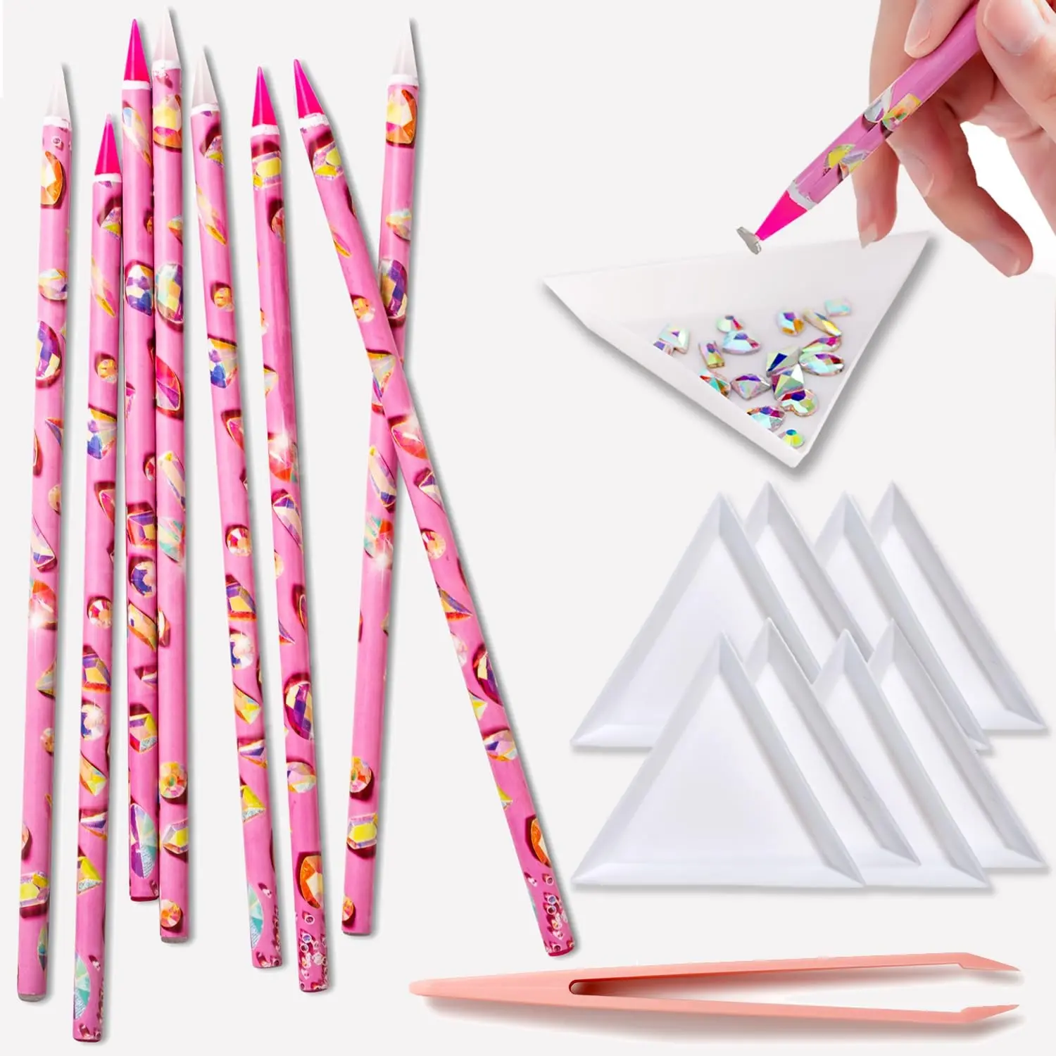 17Pcs Rhinestone Picker Tool Kit Self-Adhesive Wax Pencil for Rhinestones and Diamond Painting Dotting Tools for Nail Art with 8 Rhinestone Tray Nail Tweezers