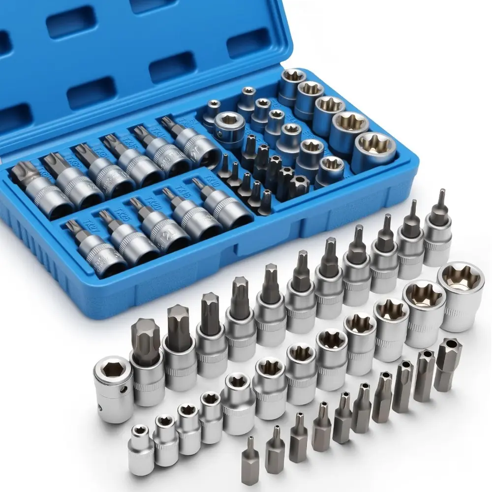 34-Piece 3/8'' Drive Torx Star Bit Sockets CR-V E-Socket Set, E4-20, T10-60, Tamper Proof Set TT10-TT55, 5/16"F To 3/8"M Adapter with Storage Case,S2 Steel, Ideal for Car,Trucks,Home Improvement