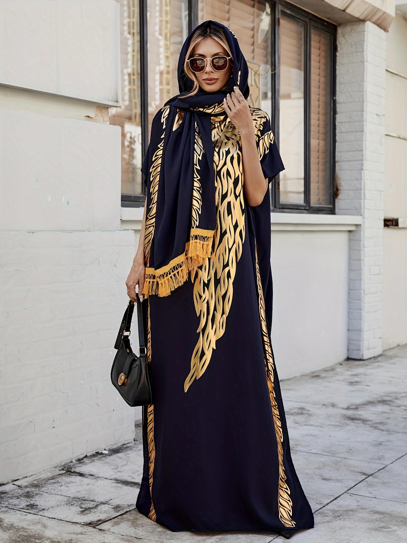 Women's Ethnic Pattern Long Sleeve Cape Dress, Boho Casual Shawl Collar Long Dress for Beach Vacation Holiday, Ladies Clothes for All Seasons, Boho Caftan, Boho Casual Kaftan