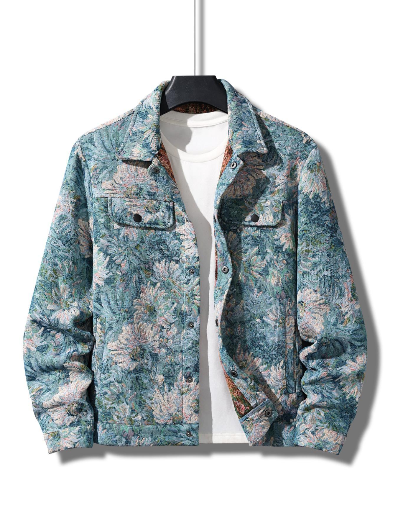 Men's Floral Print Button Front Jacket, Regular Fit Casual Long Sleeve Collared Outerwear for Fall & Winter, Men's Clothes for Daily Wear, Fashion Fit Jacket