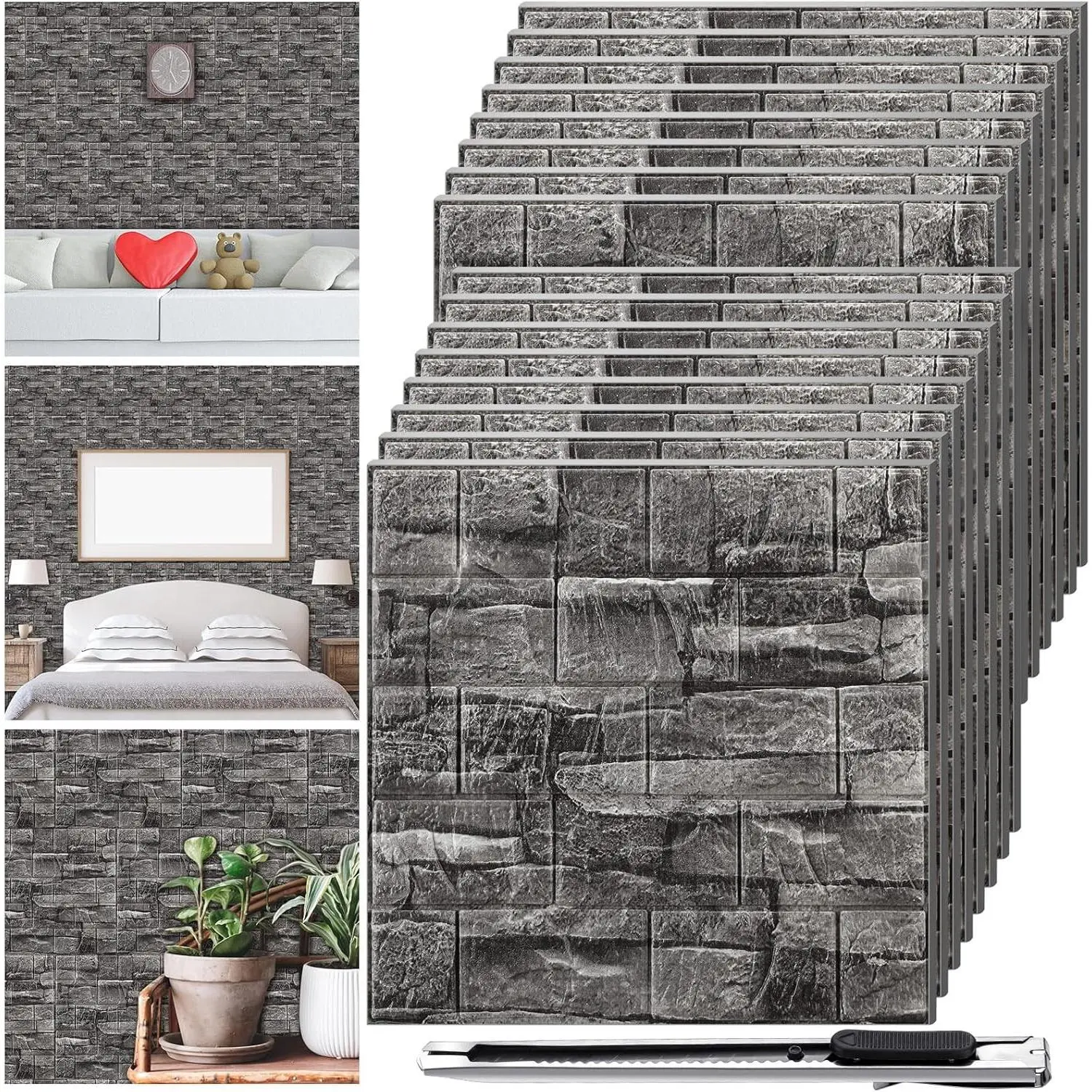 60 Pcs 58 Sq ft Peel and Stick 3D Wall Panels Faux Foam Brick Wallpaper Adhesive Decorative Waterproof Wall Tiles for Bedroom Black Stone Color