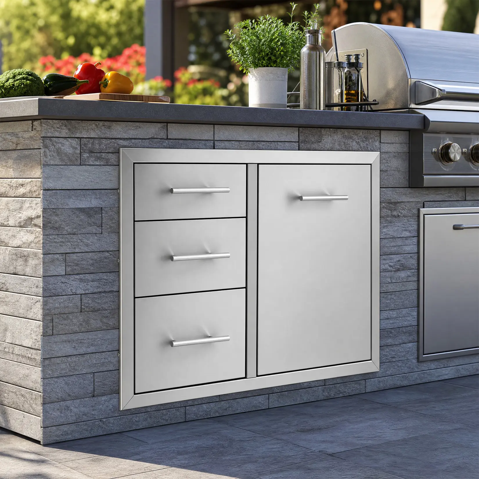 30in Stainless Steel Outdoor Kitchen Cabinets with 3 Storage Drawers & Single Access Door,29.53×20.47×21.56 Inch,Weatherproof Outdoor Kitchen Drawers for BBQ Grill Station Patio Backyard