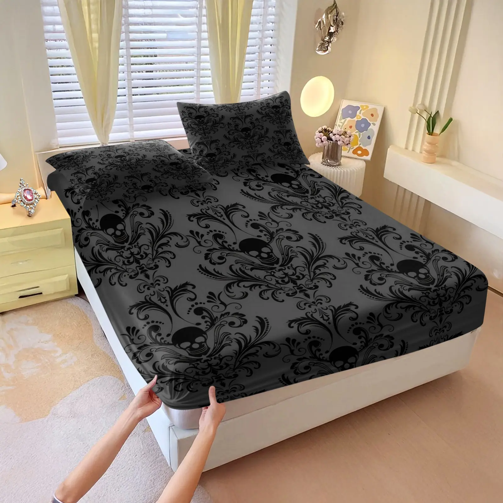 3Pcs Gothic Skull Fitted Sheet Set, Dark Gray Baroque Skull Floral Pattern, 1 Fitted Sheet + 2 Pillowcases, No Filling, 360° Elastic Deep Pocket, Soft Microfiber Fitted Sheet with Pillowcases, Bedding Sheets for Gothic Home