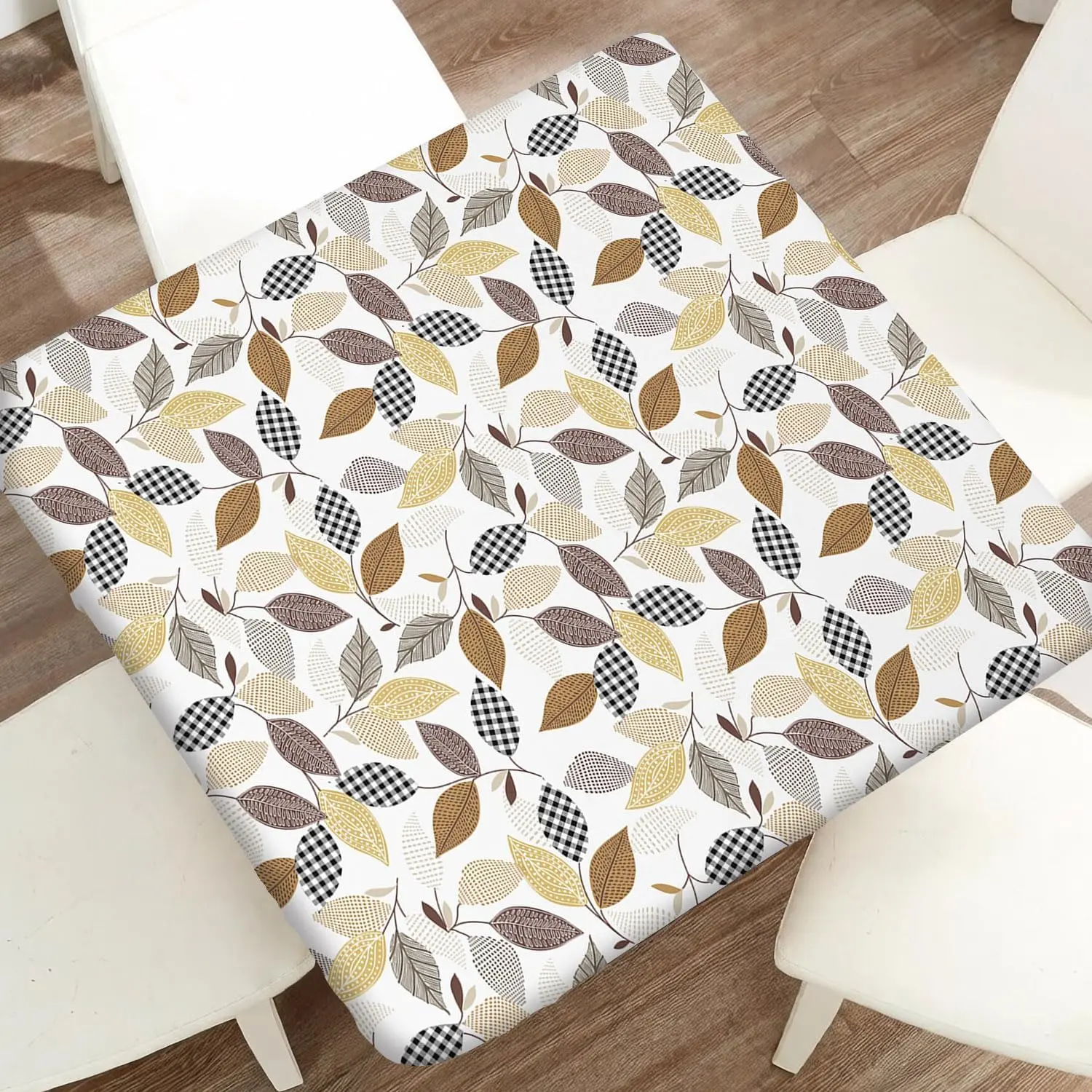 Retro Leaves Elastic Fitted Tablecloth Square Table Cover 34x34| Waterproof polyester fabric, stretch bands, anti spill stain resistant, durable outdoor camping picnic dining tablecloths
