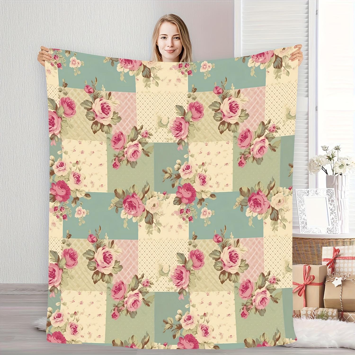 Vintage Floral Patchwork Blanket Cottagecore Room Decor Pink Rose Flannel Throw Shabby Chic Soft Warm Cozy Couch Bedding
