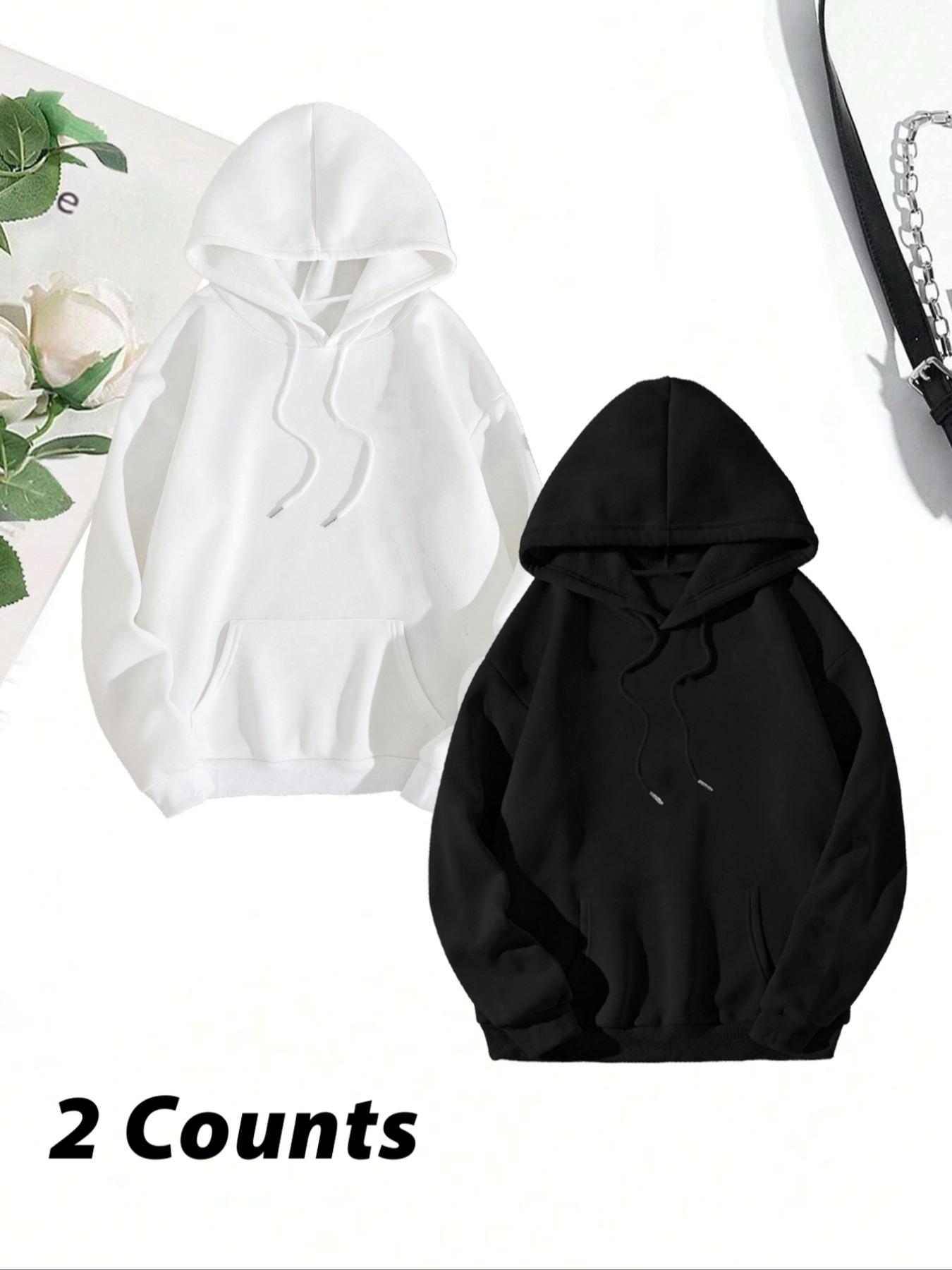 Women's Solid Color Drawstring Pocket Hoodie, Casual Minimalist Loose Basic Knit Long Sleeve Hooded Sweatshirt for Fall & Winter, Women's Clothes for Daily Wear, Womenswear