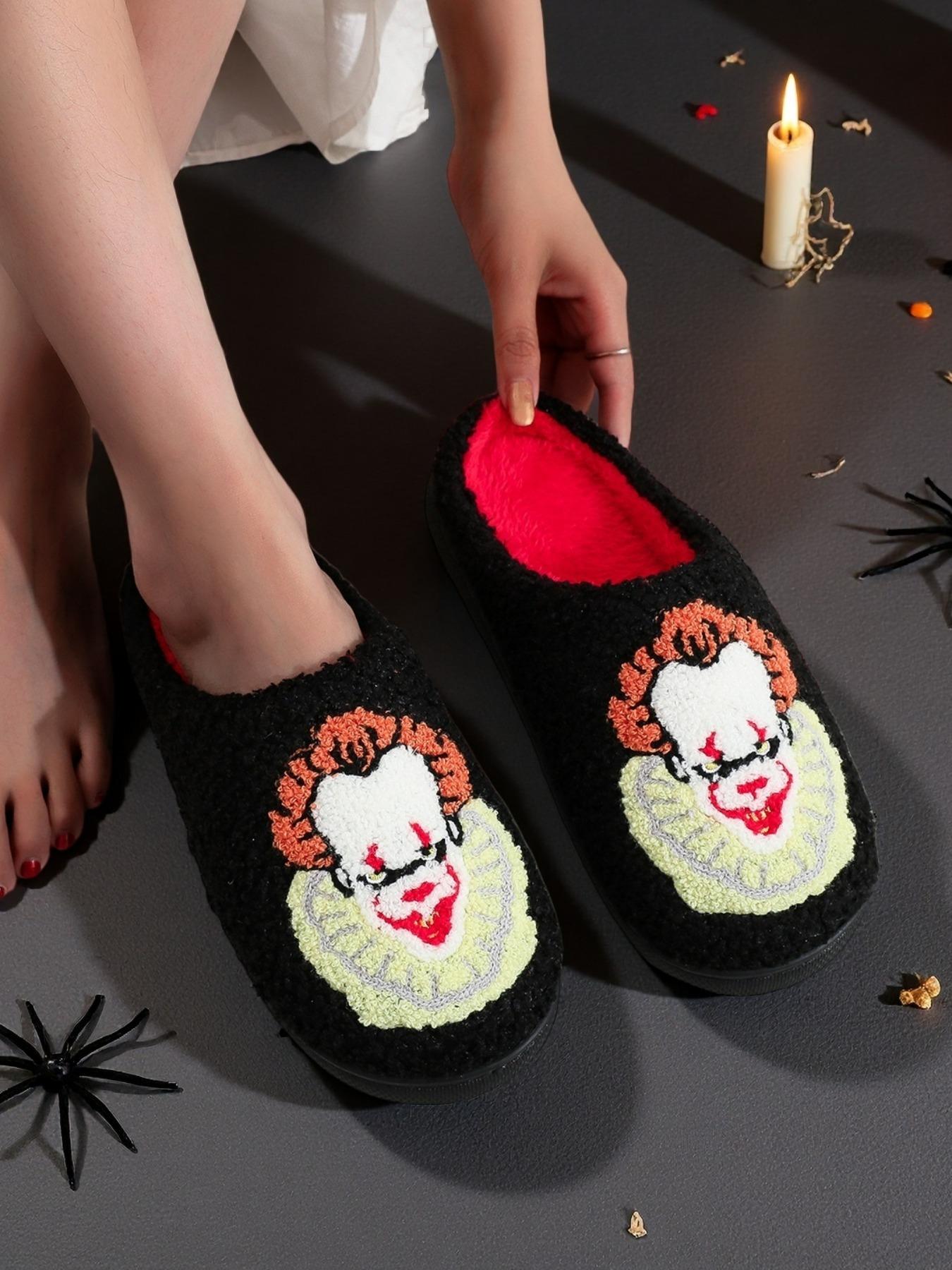 Horror Clown Embroidered Plush Slippers, Soft Comfortable Home Shoes for Men & Women, Perfect Halloween Gift, All Seasons Wear