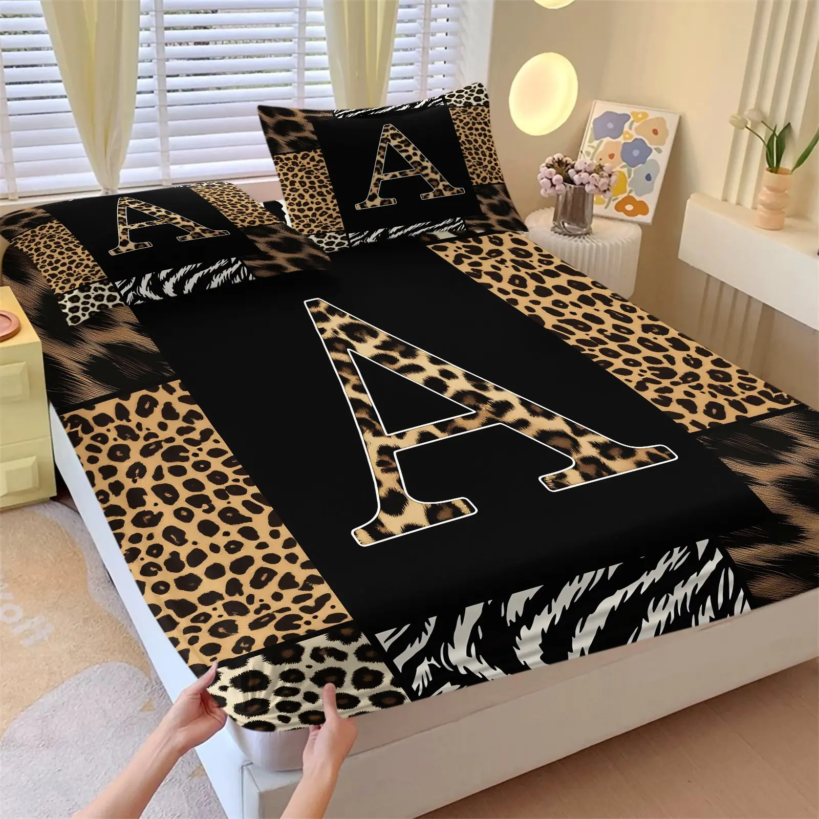 Leopard Zebra Patchwork Monogram Letter A Streetwear Fitted Sheet Set, 1 Fitted Sheet + 2 Pillowcases - 3 Piece, Soft Microfiber Deep Pocket Design, Safari Animal Print Street Style Bedroom Decoration, Gift for Streetwear Enthusiast, Leopard Print Sheets