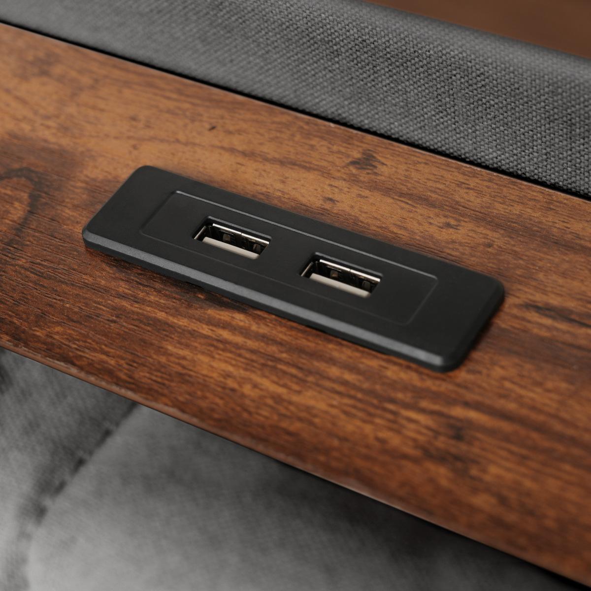 Soft padded platform bed with hydraulic storage system, LED and USB charging, natural (without mattress)