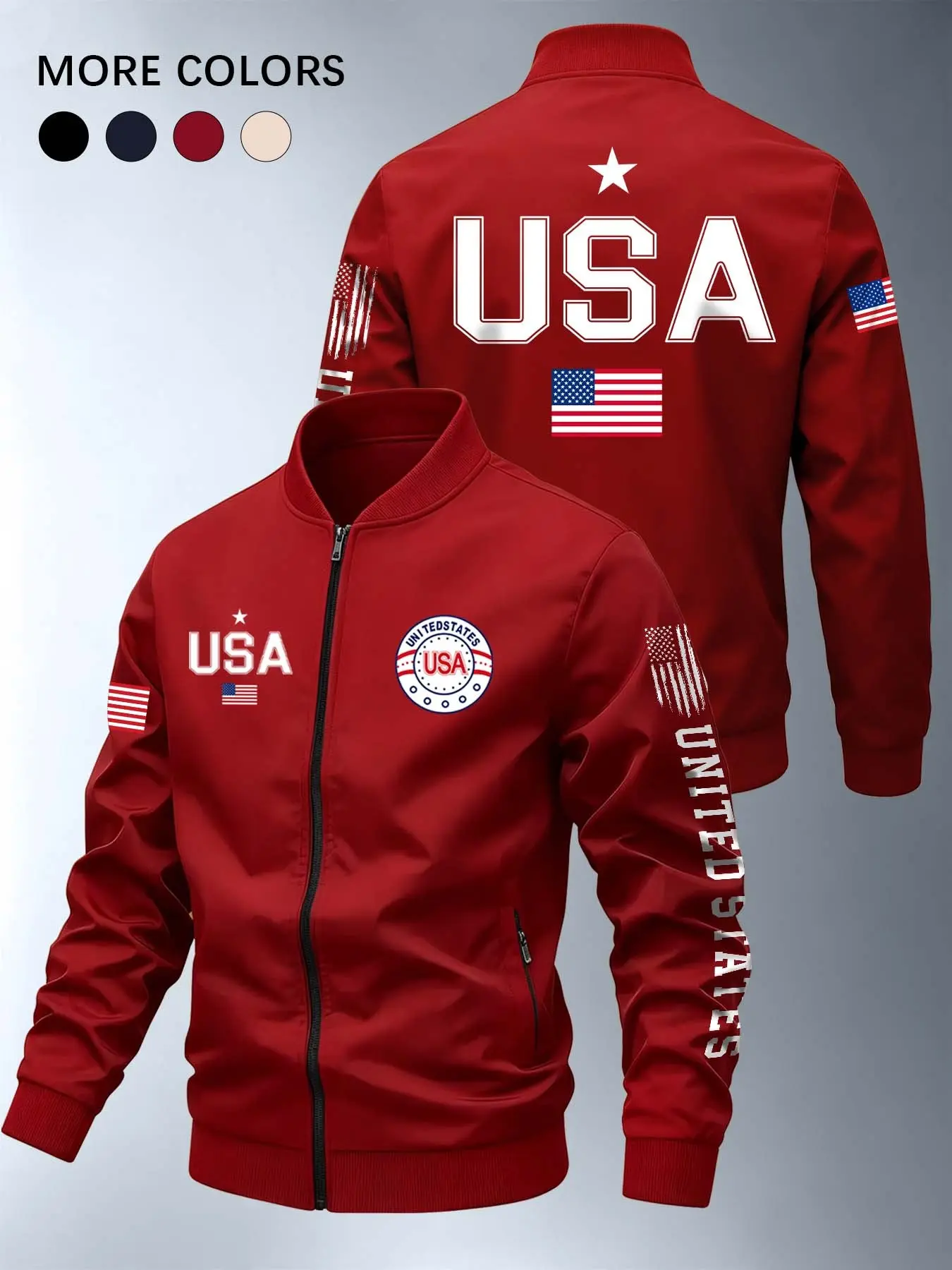 Men's Spring Summer Casual Jacket, Usa Flag Pattern, Zipper Pocket Design, Loose Fit, All Seasons, Street Style, Daily Wear