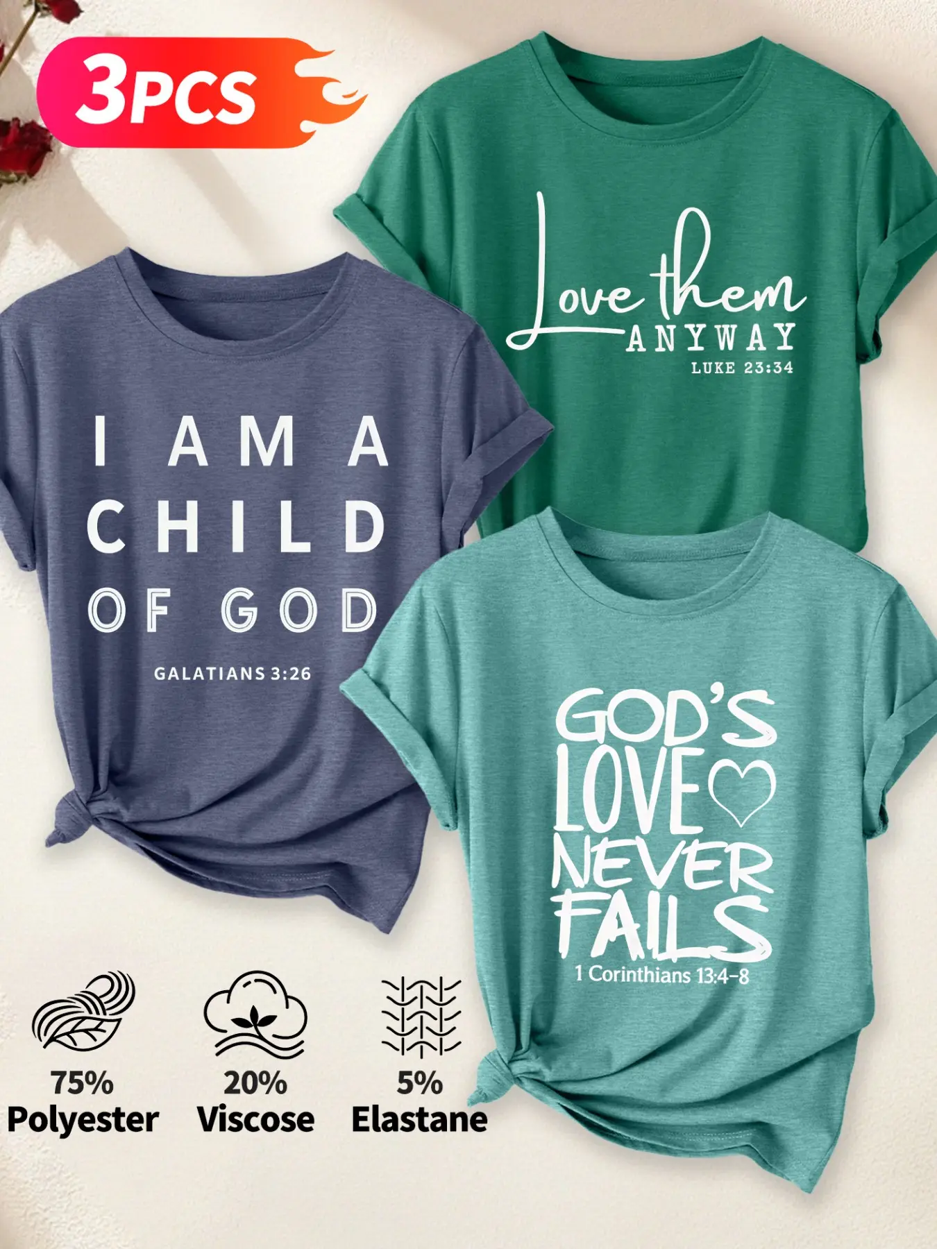 3Pcs Women Crew Neck T-shirt, Bible Verse Child of God Religious Heart Faith Text Print, Breathable Soft Casual Daily Basic Short Sleeve Top