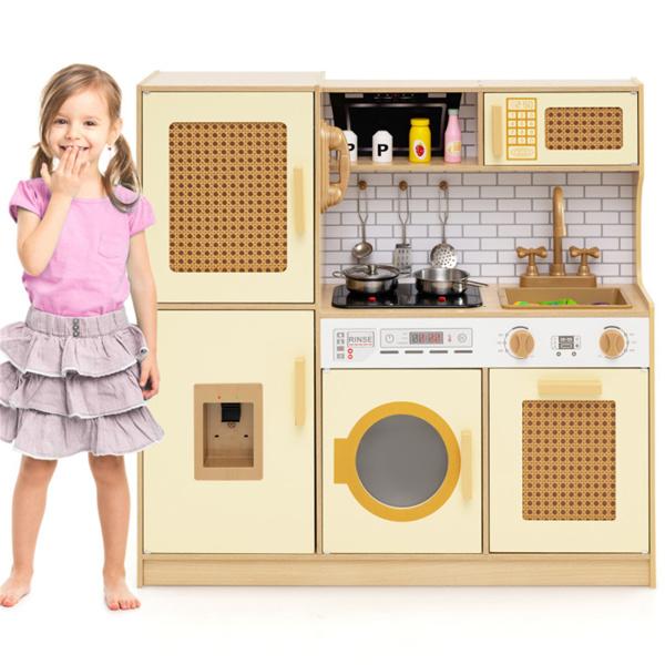 Kids Wooden Kitchen Playset 3+ with Fridge Sink Washing Machine with Realistic Light Sound Rattan Doors - Yellow