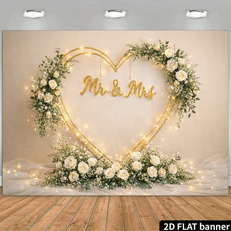 Minimalist Beige Lightweight Polyester Wedding Backdrop with Golden Heart Frame, White Roses, Warm Lights - Home Decor Wall Tapestry for Wedding Ceremony, Gift, Photography
