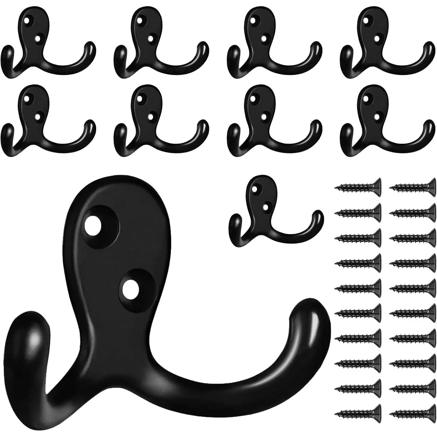 10 Pack Coat Hooks Wall Hooks for , Heavy Duty Double Prong Metal Hook Wall Mounted for Living Room, Bathroom, Kitchen, Bedroom for Coat, Bag, Scarf, Towel, Hat, Key, Cup (Black)