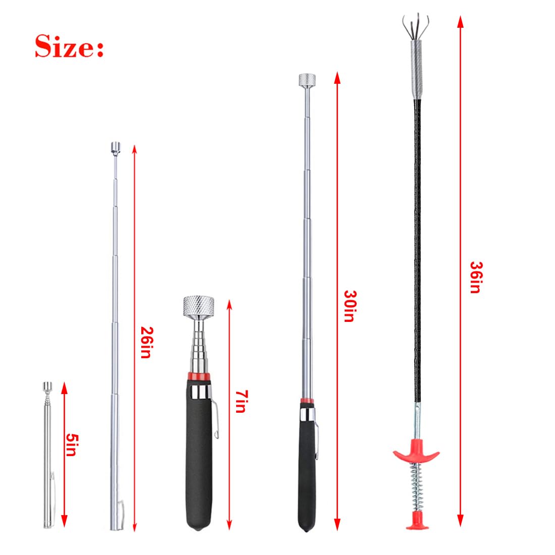 4 Pack Telescoping Pick-up Tool Set - Retrieving Pickup Tools,extendable Pick Up Tools,bendable Spring Stick,flexible Extra Long Reach Bendable Grabber With ClawsQuesear