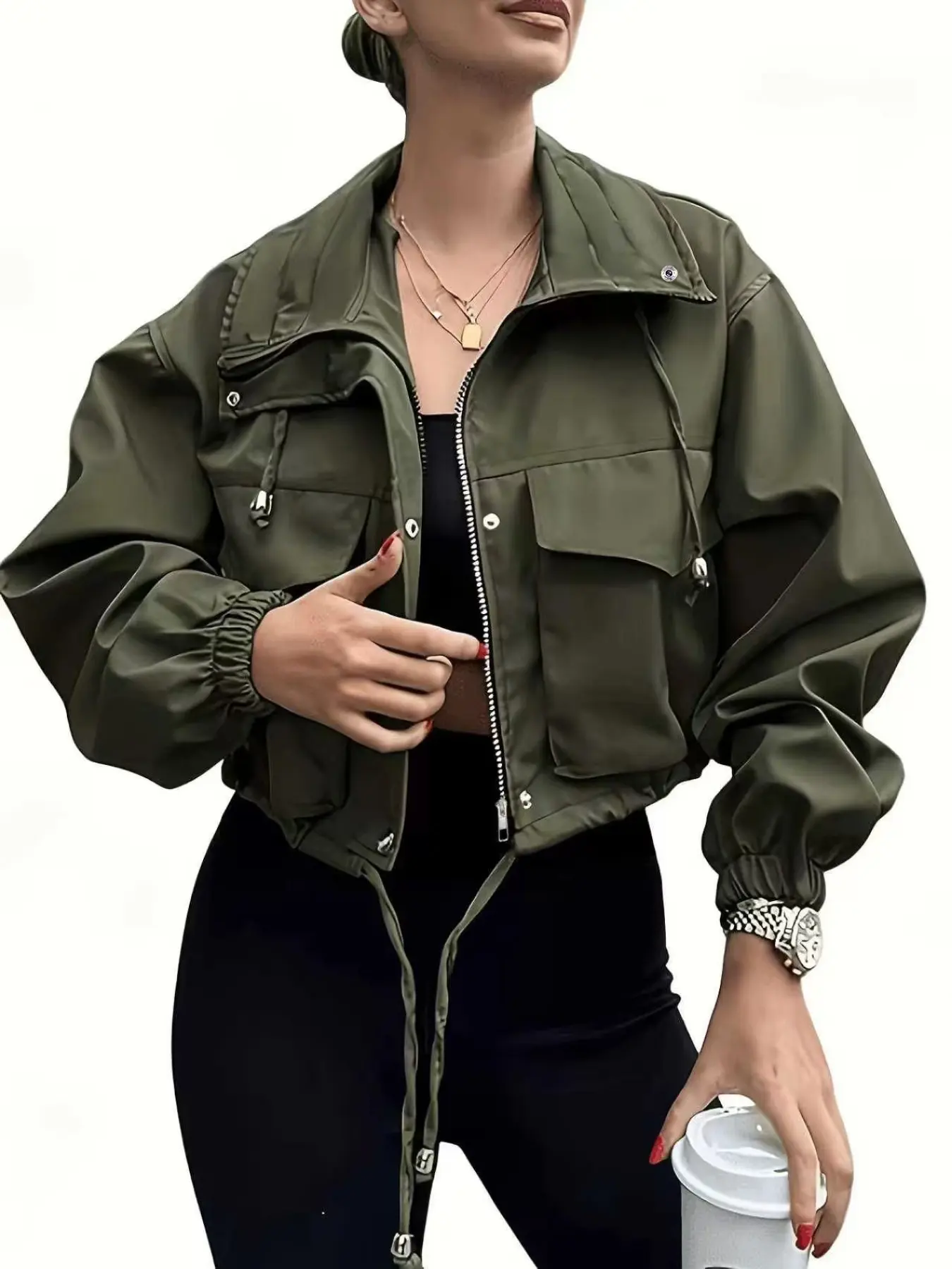 New Military Army Workwear Short Jacket, Cool Casual Outerwear with Large Pockets, Adjustable Drawstring Hem, Loose Fit, Spring & Fall Fashion