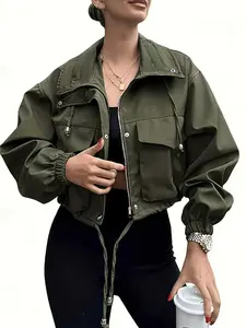 New Military Workwear Short Jacket, Cool Casual Outerwear with Large Pockets, Drawstring Hem, Loose Fit, Spring & Fall Fashion
