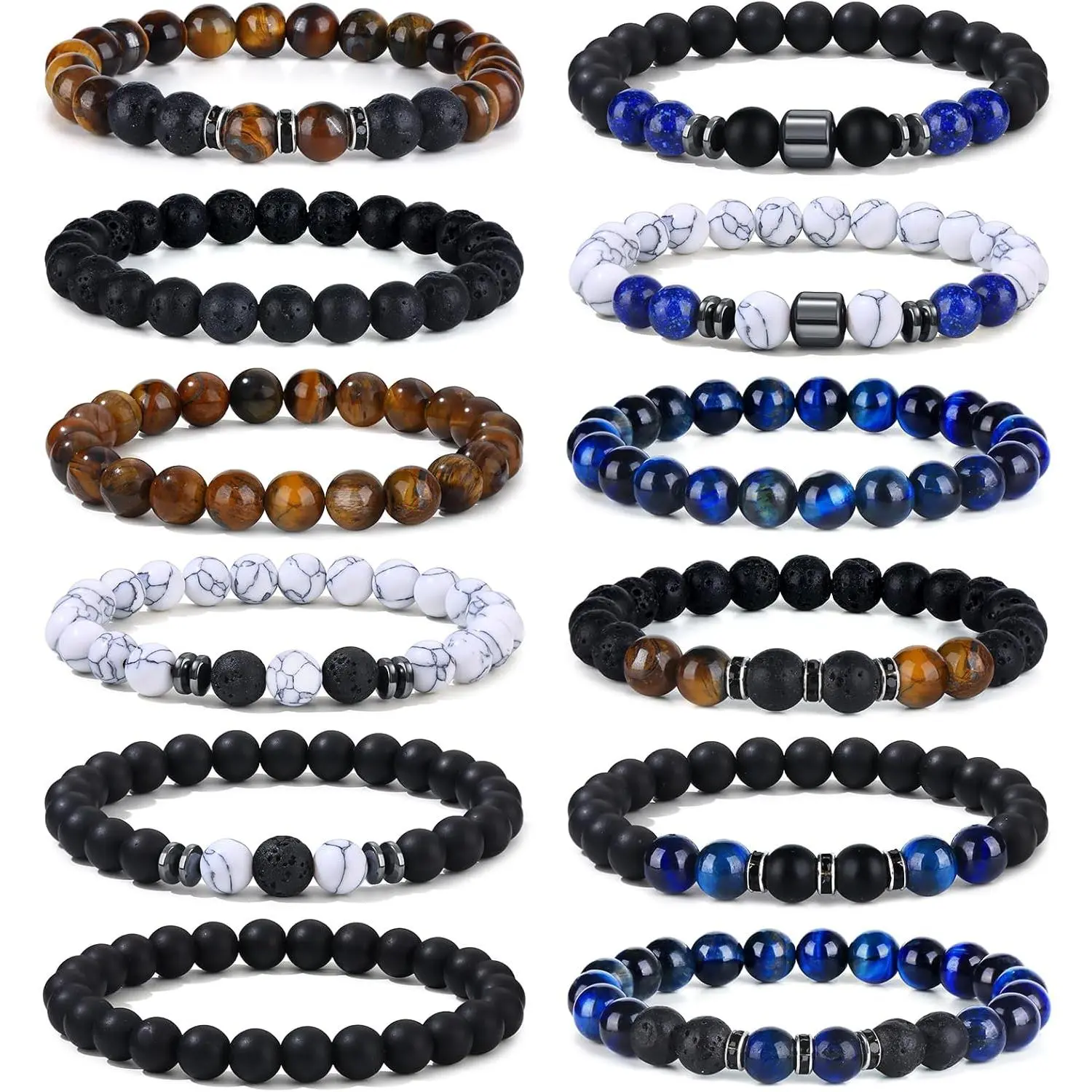 Men's 4-12PCS Beaded Links Bracelet Set - 8mm Tiger Eye, Obsidian, Lava Stones, Adjustable Size, Casual Everyday Male Wear Healing Jewelry Gift, Everyday Use, Resizing, Year-Round