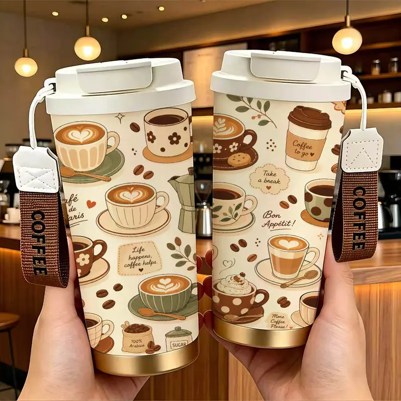 Cute Coffee Pattern Stainless Steel Insulated Coffee Cup with Double Drink Design， Portable Travel Tumbler with COFFEE Wrist Strap， Reusable Thermal Mug， Perfect Gifts For Birthday Holiday.