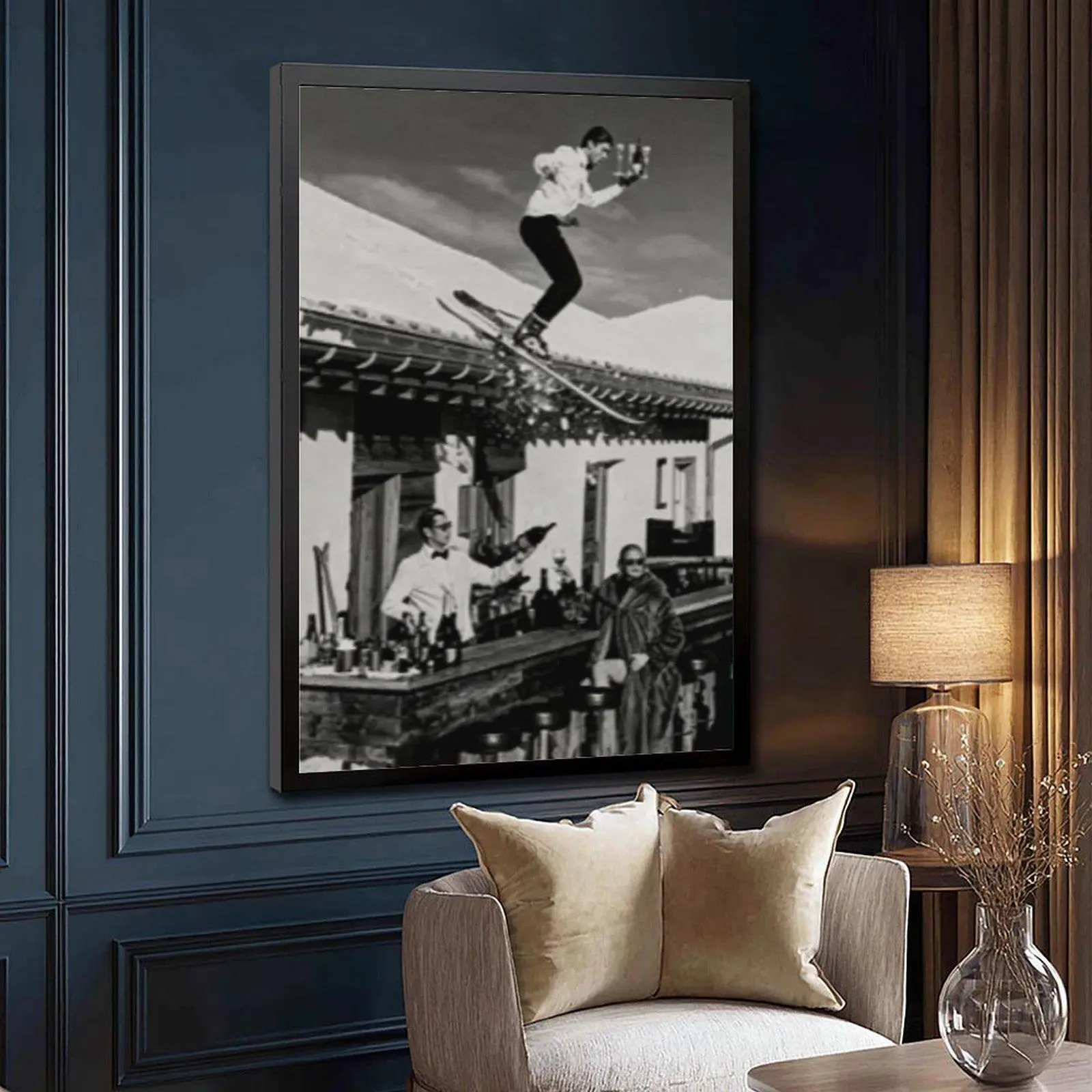 Vintage Black White Skiing Bartender Poster Luxury Apres Ski Bar Lifestyle Print Retro Alpine Ski Jump Wine Scene Wall Art Elegant Winter Resort Canvas Decor Living Room Aesthetic Wall Hanging Artwork Minimalist