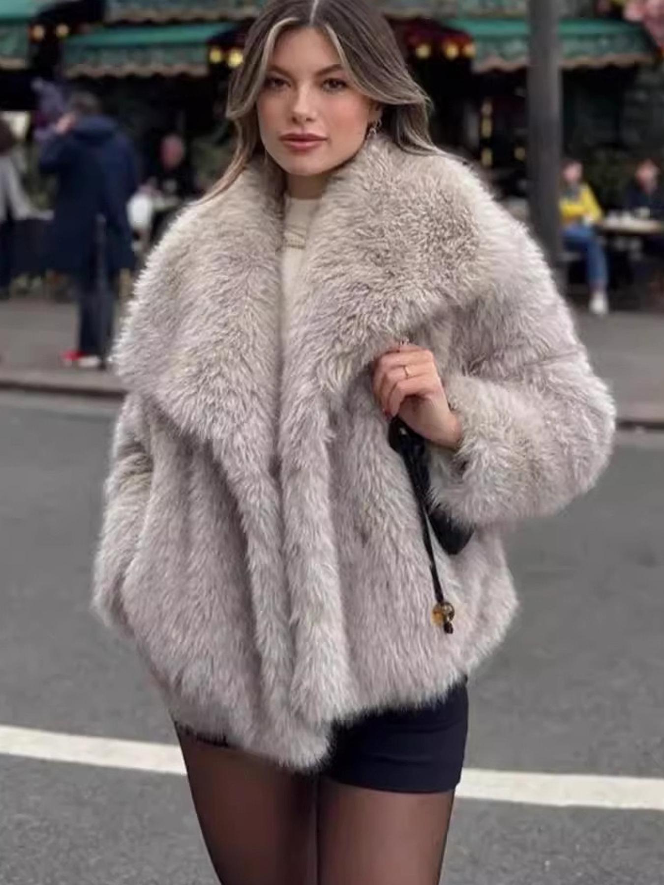 Women'S Solid Color Faux Fur Fuzzy Jacket, Casual Long Sleeve Collared Fuzzy Coat For Fall & Winter, Women'S Clothing For Daily Wear, Cute Tops, Lady Outerwear233