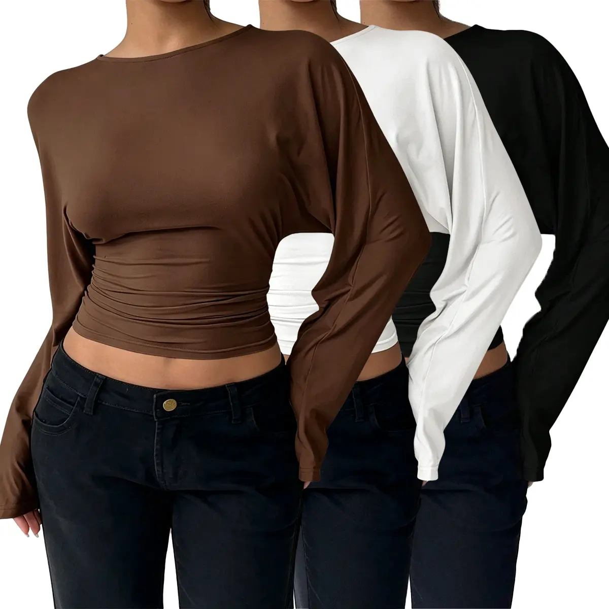 ASANDY Women's 3 Pack Long Sleeve Crop Tops Ruched Batwing Sleeve Slim Fit Casual Athletic Shirts Crewneck Going Out Tops Multi Pack