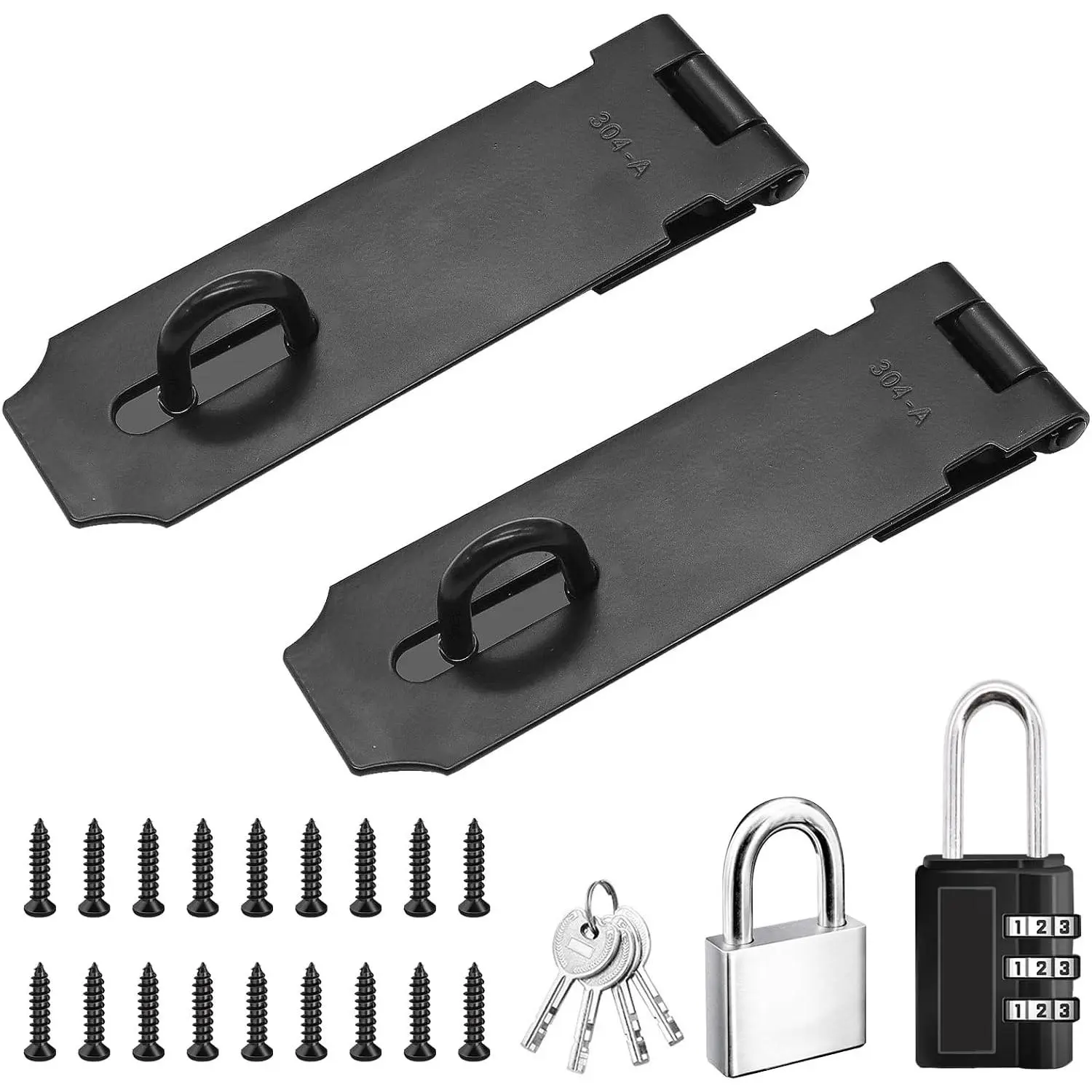 5 Inch Door Locks Hasp Latch 2 Pack,304 Stainless Steel Safety Padlock Clasp Hasp Lock Latch with Combo Lock & Padlock,Heavy Duty Gate Latch Lock with Screws(Black)