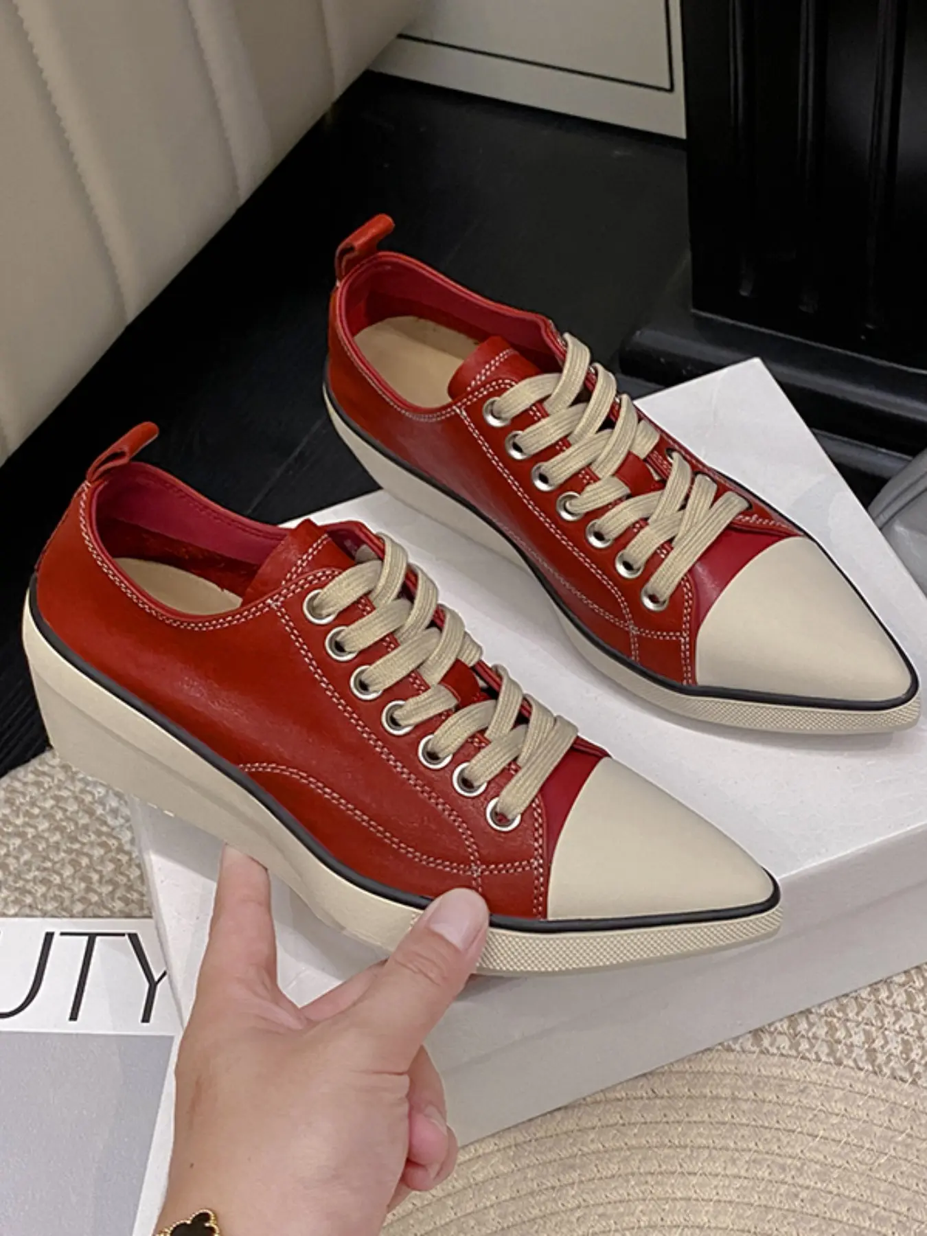 Women's Fashion Colorblock Lace-Up Wedge Heel Thick Sole Casual Sneakers, Retro Pointed Toe Low Top Canvas Shoes, Lightweight Daily Commute Footwear