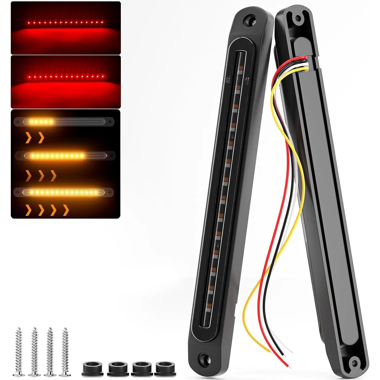 10" LED Trailer Tail Light Bar Brake Stop Turn Signal Lights Assembly Identification Red & Amber Sequential Strobe Strip Lamp w/Smoked Lens Waterproof for Pickup Golf Cart Offroad Truck RV UTV