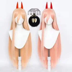 High Quality Anime Makima Power Cosplay Wig Long Orange Pink Heat Resistant Synthetic Hair Party Role Play Wigs + WigCap + Horns