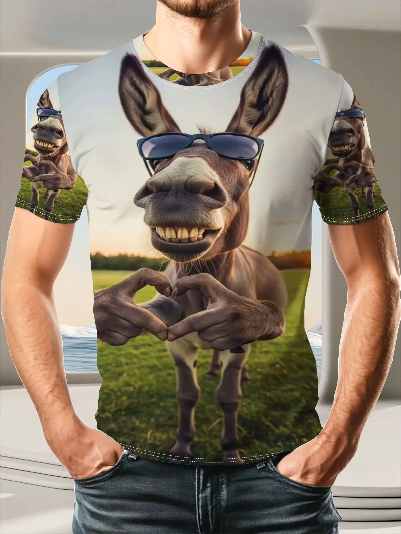 New Summer Funny Donkey Print Men's Short Sleeve T-Shirt, Loose Casual Polyester Top, Daily Fashionable Style