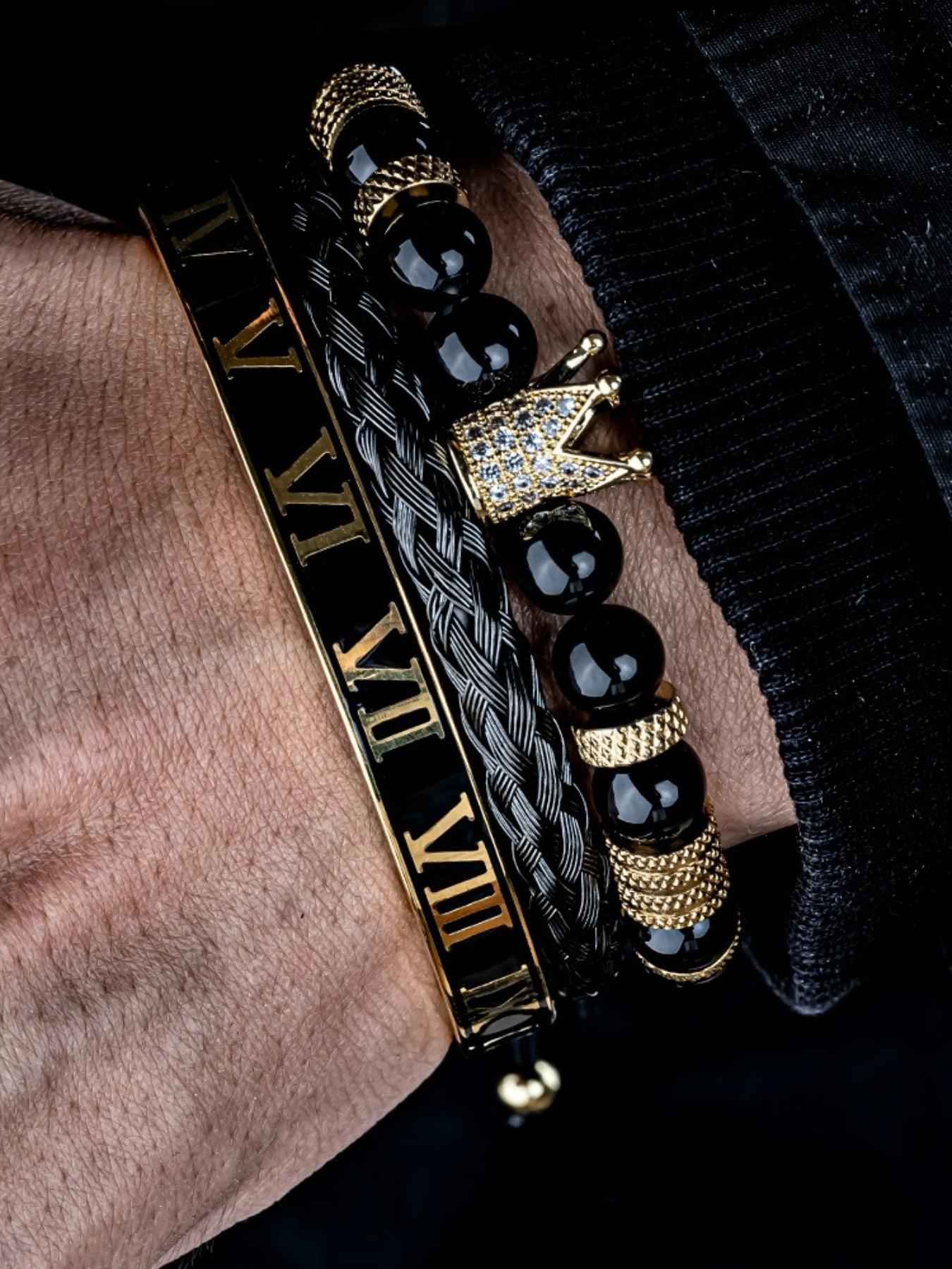 Men's Black Onyx Bracelet Set, Rhinestone Crown Decor Beaded Bracelet, Braided Bracelet, Rhinestone Decorated Bracelet, Bracelet for Men, Jewellery Accessories for Gift, Accessories, Bracelets