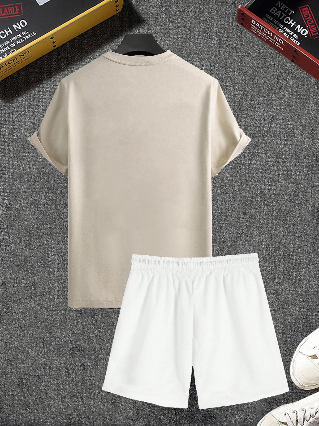 Two-piece Set Men's Flag Graphic Fitted Sleep Tee & Letter Print Elastic Drawstring Pocket Shorts Pajama Set, Comfy Men's Sleepwear & Loungewear Set for All Seasons