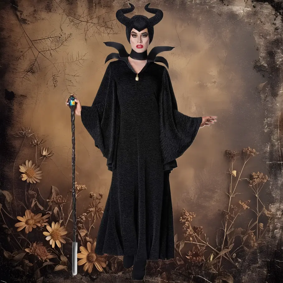 Maleficent Vampire Witch Cos Black Queen Gown Imperial Dress For Halloween Cosplay Role Play Party Outfit
