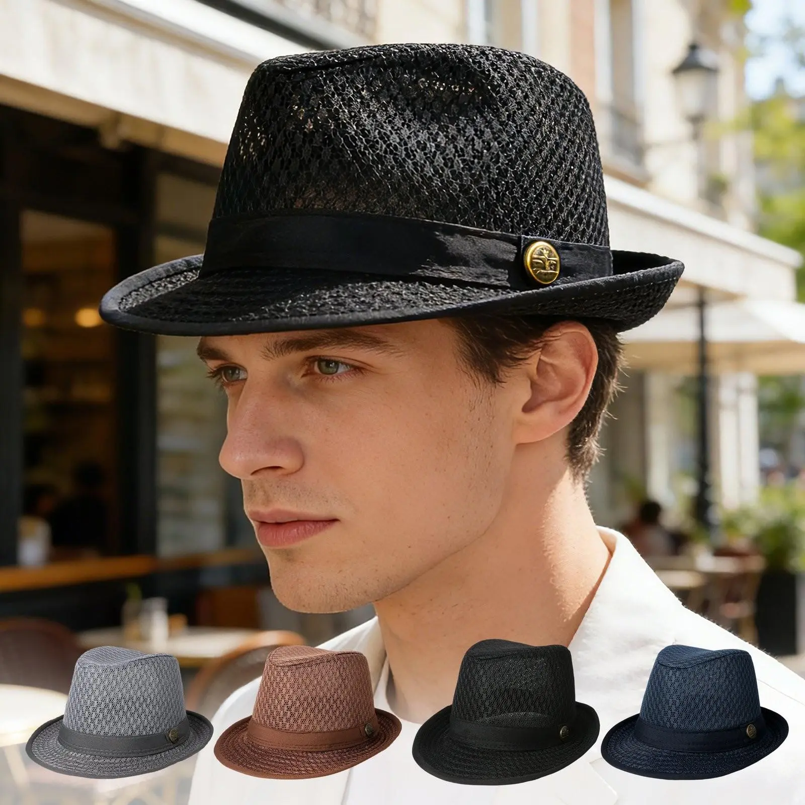 Men's Lightweight Mesh Breathable Fedora Hat Simple Belt Foldable Casual Dress Hat